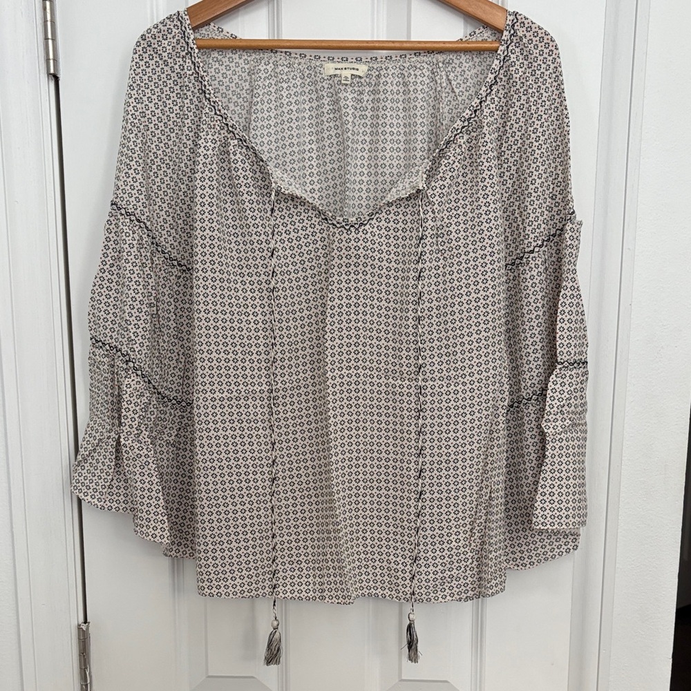 Max Studio Cream and Black Printed Peasant Blouse